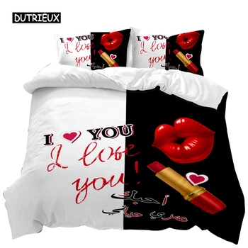 Red Lip Duvet Cover Set Red Lip Lipstick Sexy Adult Couple Comforter Cover Подарък за Свети Валентин за любовник полиестер Qulit Cover