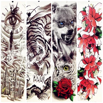Кралят на тигровия вълк бухал роза лотос цвете временни татуировка стикери 48x17CM Голямо тяло ръка жени мъже ръка Tatoo ръкав летен стил