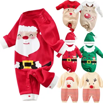 Новородено Дядо Коледа костюм бебе парти дрехи малко дете Коледа облекло момче момиче елени гащеризон 0-18 месеца гащеризон с шапка
