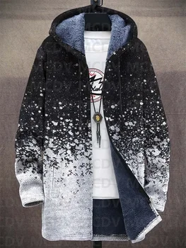 Мъжки арт принт плюшени дебели хлабав дълъг ръкав палто жилетка руно качулка палто дебело топло яке
