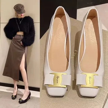 2023 Пролет Есен Луксозна кожена приплъзване на жените рокля обувки Елегантни папийонка помпи високи токчета лодка обувки офис дамски обувки