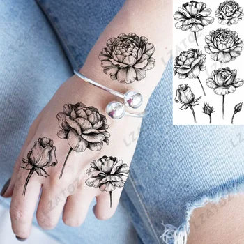 Реалистични божур цвете временни татуировки за жени възрастни Lotus Flora фалшива татуировка ръка DIY миещи се Tatoos паста