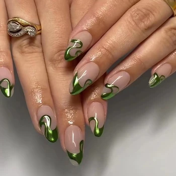Fashion Green Ripple Design Wearable Long Round False Nails Full Cover Detachable Finished Fake Nails Press on Nails with Glue