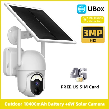UBox APP 4G слънчева камера за наблюдение с безплатна US SIM карта 3MP външна сигурност PTZ PIR прожектор 10400mAh батерия CCTV камера