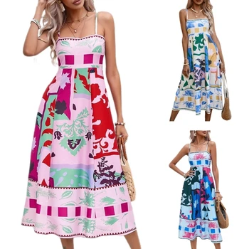 Дамски летен цветен печат Сплит Cami Midi рокля квадратно деколте A-line Макси рокля за парти дропшип