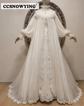 Модни апликации от тюл Мюсюлмански сватбени рокли Дълъг ръкав с високо деколте Ислямска булчинска рокля Арабски Дубай Вестидос де Новия