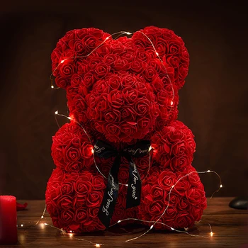 Rose Bear WIth Led светлини изкуствени цветя DIY мечка роза Свети Валентин за приятелка Ден на майката Рожден ден сватбени подаръци