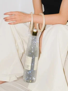 Диамантена чанта за вино Луксозна ръчно тъкана лъскава чанта за червено вино Преносими чанти за изолационни чаши за бутилки за вода Чешки диамантени ръчни подаръци