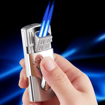 Ветроупорна двойна струя Blue Flame бутан запалка роман запалване висока температура устойчиви Spitfire надуваеми факел запалка за пури