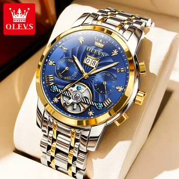 OLEVS Марка мода синьо механичен часовник за мъже неръждаема стомана водоустойчив светлинен дата луксозни Tourbillon автоматични часовници