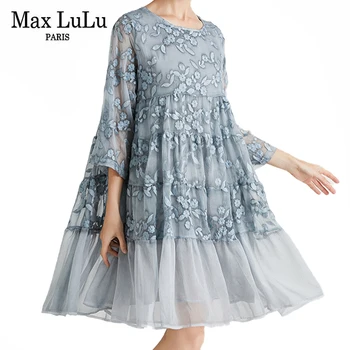 Макс Лулу Летен дизайн Нов 2021 Дамски сини шифон ежедневни рокли Дамски цветя отпечатани вестидос женски хлабав реколта рокля