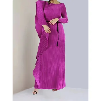Miyake Плисирани еднораменни ръкави Flare Bud колан рокля дизайнер мода хлабав дълги рокли Дубай арабски дизайнерски дрехи