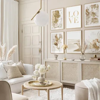 Nordic Златно бяло цвете листа платно живопис стена изкуство плакати и щампи бежов пейзаж декорация дома хол дизайн
