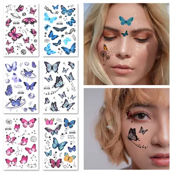 Цветни стикери за лице Сладка прясна пеперуда Временни стикери за татуировки Водоустойчиви 3D татуировка стикери Жени боди арт декорация
