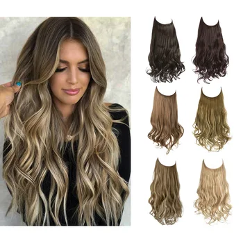 Нова препоръчителна мода дамски риболов линия коса дълга къдрава голяма вълна коса разширения многоцветен градиент перука