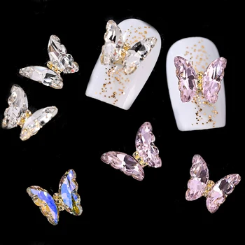 10pcs Aurora пеперуда нокти сексапил ясно / розово стъкло кристали нокти пеперуда 3D нокти декорации скъпоценни камъни луксозни кристали