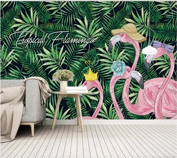 Персонализиран тапет 3d стенопис тропическа дъждовна гора растение банан листа фламинго идиличен папел де parede стенопис TV фон стена хартия