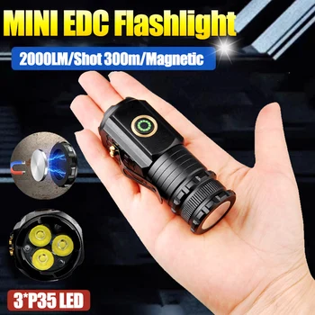 Мощен мини EDC LED фенерче 2000LM супер ярък ключодържател светлина USB акумулаторна факел къмпинг фенер с опашката магнит