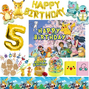 Pokemon Декорации за рожден ден Pikachu балони прибори за хранене Комплект хартиени чинии Декори Сламки Бебешки душ Консумативи за детско парти