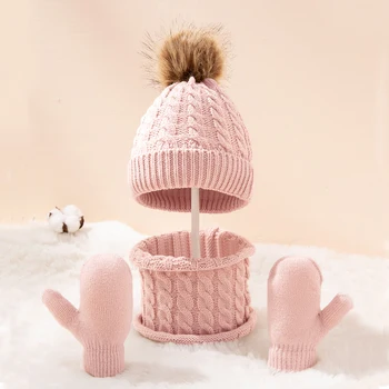 Детски зимни топли костюми плетена шапка шал и ръкавици комплект за момичета момче помпони бебе шапки капачка коледни подаръци за деца