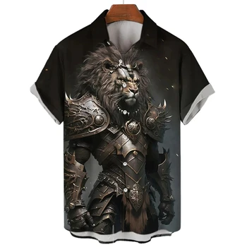 Animal Lion Graphic 3D печат Мъжка риза МъжЖени Ежедневна мода Къси ръкави Ризи Ревера бутон върховете извънгабаритни унисекс облекло