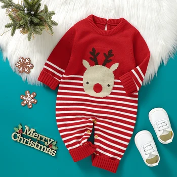 Коледен гащеризон Малко дете Коледа елен плета Rompe червено бебе момиче момче зимни дрехи новородени момичета момчета дрехи плетени гащеризон
