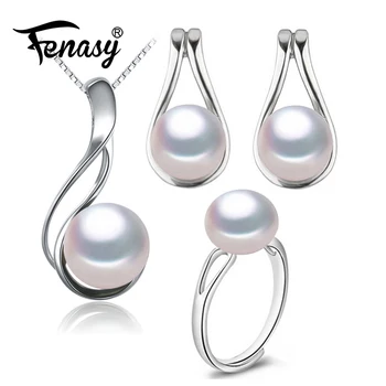 FENASY 925 стерлинги сребърни бижута комплекти естествена перла стъд обеци модерен парти висулка верига колиета за жени пръстен комплект